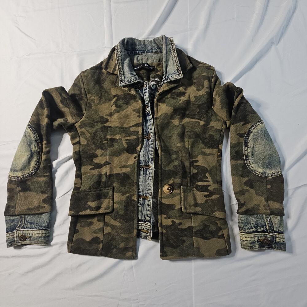 Six/Fifty Camo Denim Utility Jacket Womens Military Button Front Size Medium